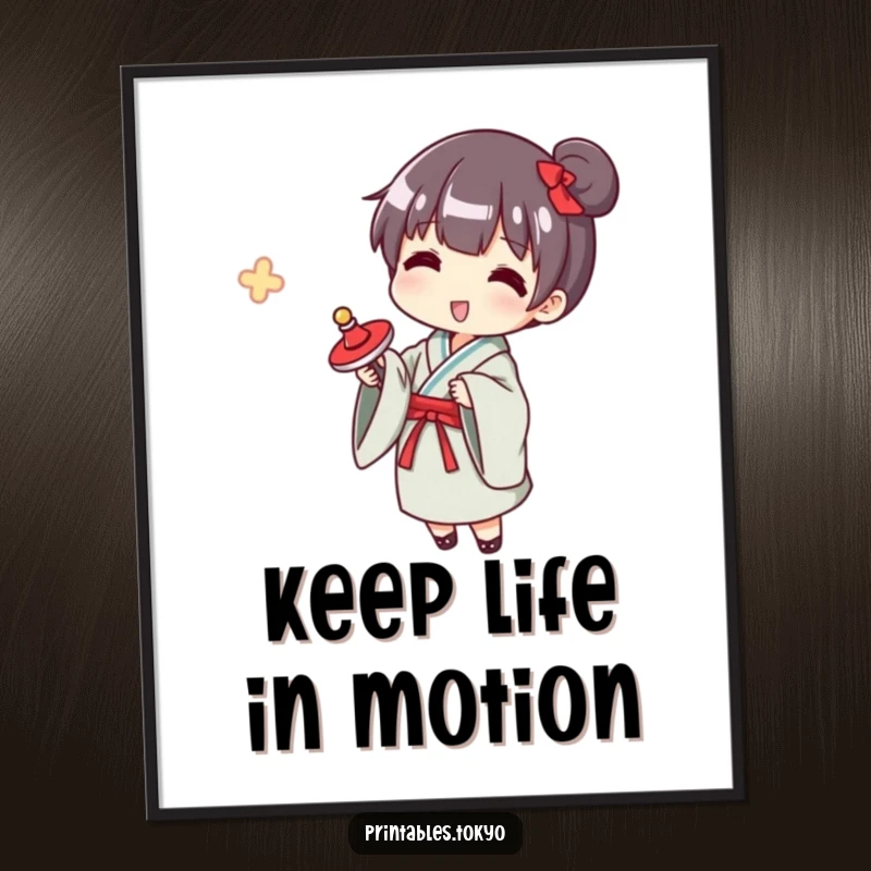 Funny Free Printable Wall Art: Character wearing a yukata, happily spinning a traditional spinning top, evoking nostalgia and joy.