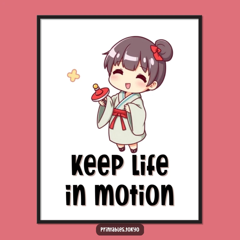 Free Printable Wall Art: Funny Yukata Spinning Top Downloadable Decor, Japanese Toy Art