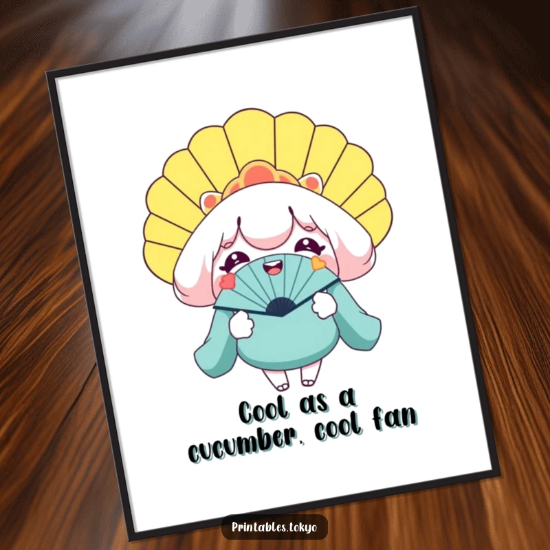 Funny Free Printable Wall Art: Character with a huge grin holding a massive novelty fan, spreading cool vibes.