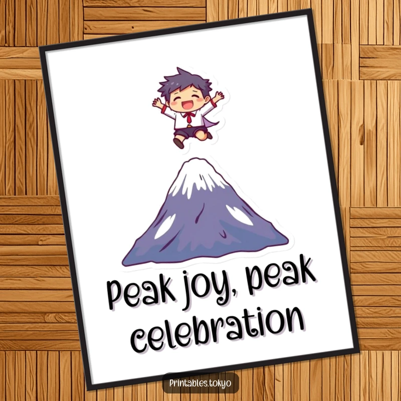 Funny free printable wall art of a character joyfully leaping over Mount Fuji, symbolizing triumph and adventure.