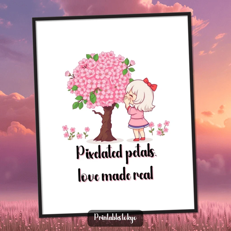 Funny free printable wall art depicting a character mesmerized by a giant, glowing, pixelated bouquet of cherry blossoms, celebrating digital beauty.