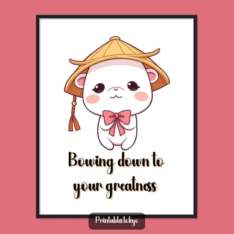 Free Printable Wall Art: Shy Japanese Hat Creature - Serene & Cute Decor for Your Space