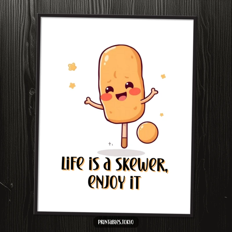 Funny Free Printable Wall Art: A cheerful Yakitori skewer character playfully bouncing like a ball, adding fun energy to the room.