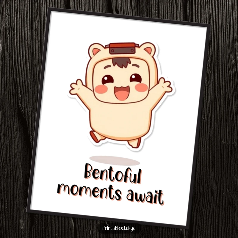 Funny Free Printable Wall Art featuring a smiling character with a bento box accessory, joyfully jumping and spreading happiness.