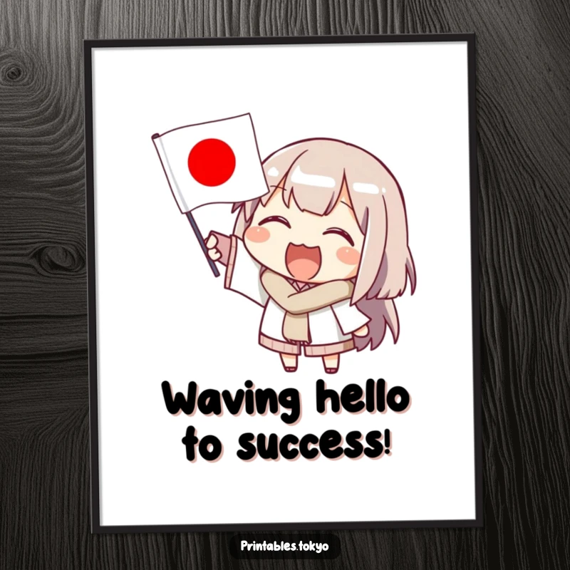 Funny free printable wall art: A character with a big smile enthusiastically waves a small Japanese flag, bringing festive energy.