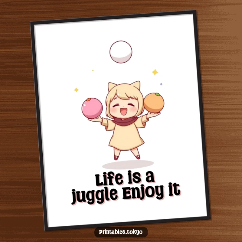 Funny Free Printable Wall Art: Whimsical character energetically juggling three vibrant mochi balls, creating a scene of pure fun.