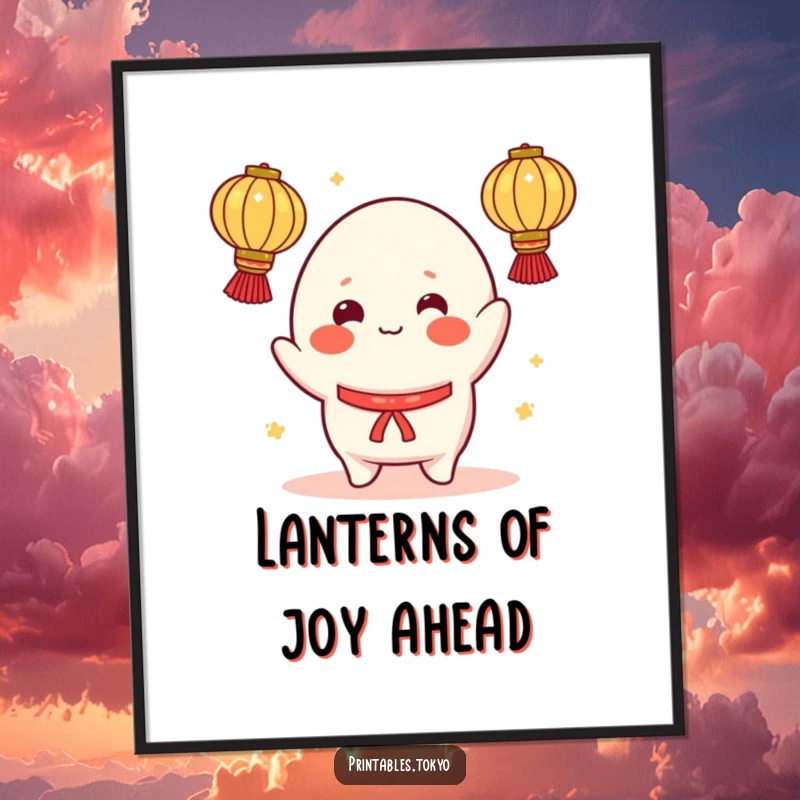 Funny Free Printable Wall Art: A cheerful mochi character with rosy cheeks is hilariously attempting to juggle multiple glowing lanterns.