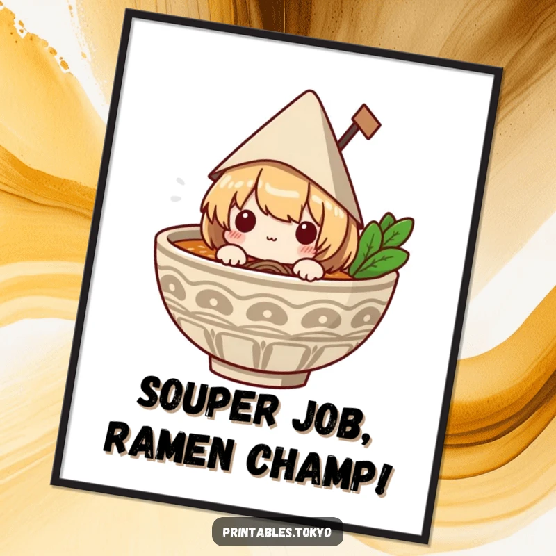 Funny free printable wall art: A character sporting a tiny paper hat emerges from a delicious ramen bowl, adding quirky charm.
