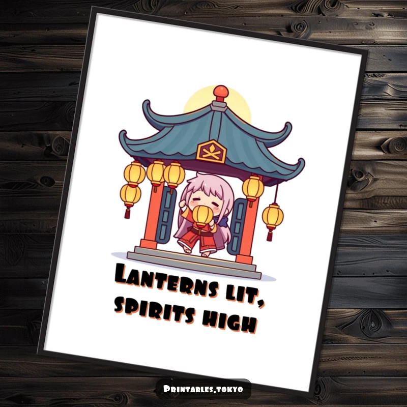 Funny Free Printable Wall Art: a character skillfully juggling glowing lanterns under a temple roof, creating a magical atmosphere.
