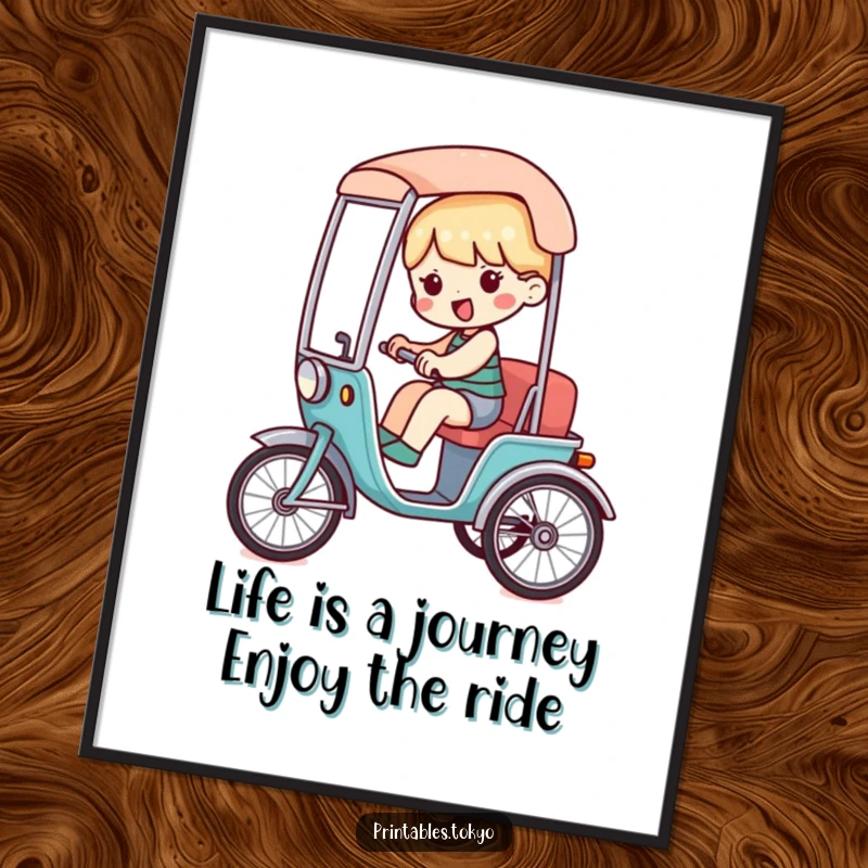 Funny Free Printable Wall Art: Charming character comfortably riding in a miniature, stylized rickshaw, capturing a moment of serene fun.