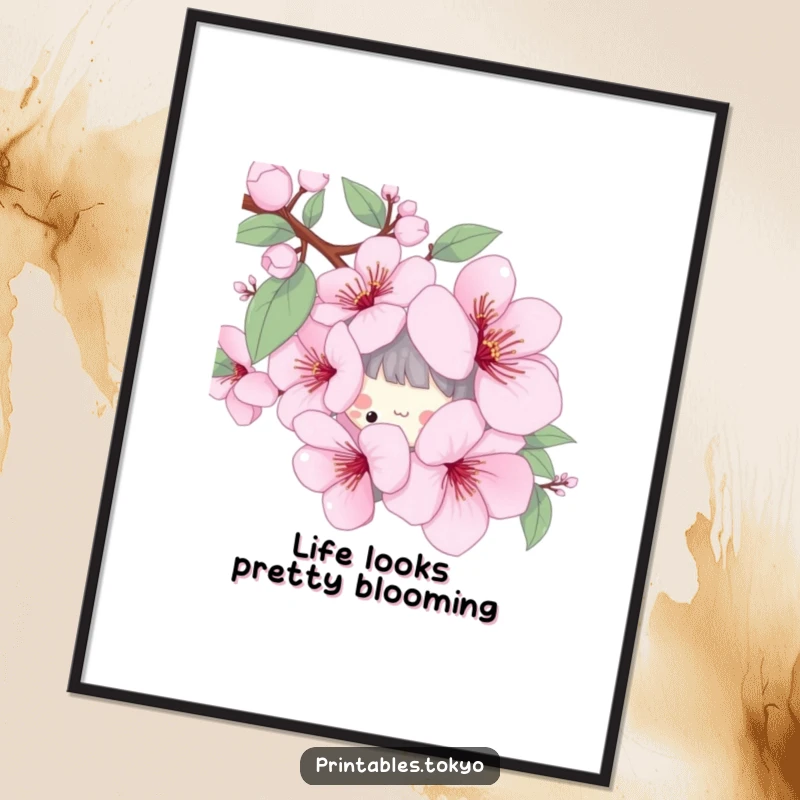 Funny Free Printable Wall Art: Cute character playfully peeking out from behind a large, artistic cherry blossom.
