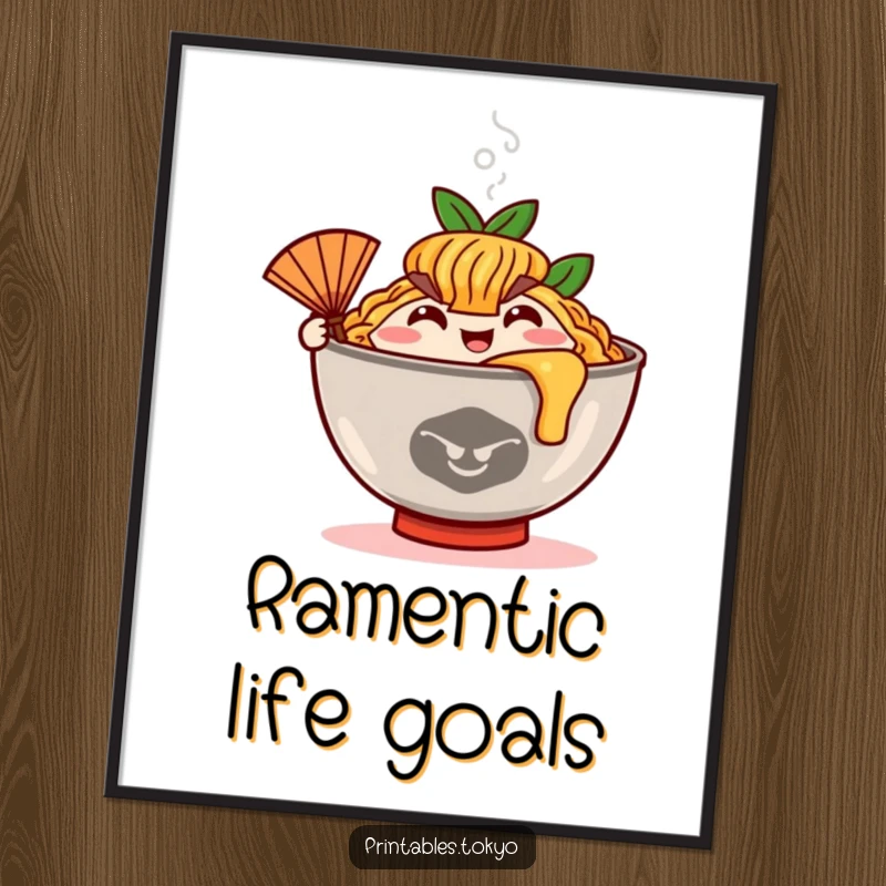 Funny Free Printable Wall Art: Happy ramen bowl character with steam rising, cheerfully waving a tiny fan.