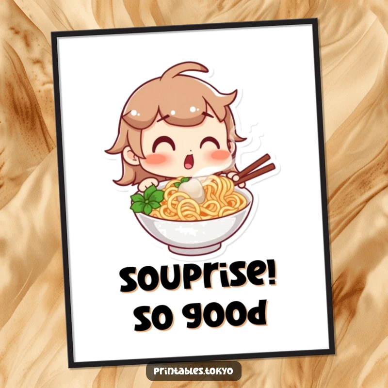 Funny Free Printable Wall Art: Character with a comically surprised expression staring at a steaming bowl of delicious noodles.