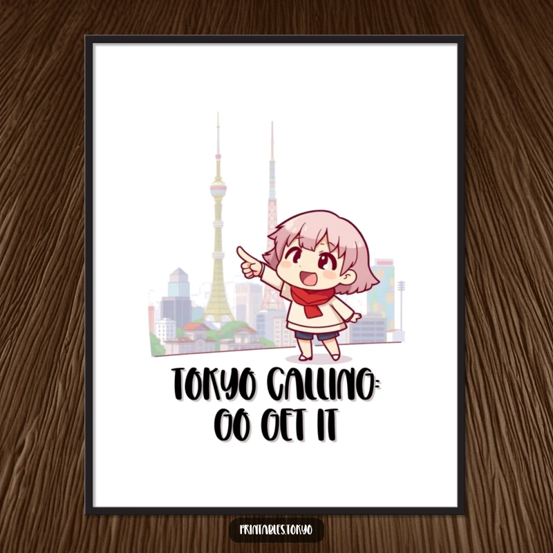 Funny Free Printable Wall Art: An animated character pointing with excitement towards a gleaming, bright Tokyo skyline, capturing urban wonder.