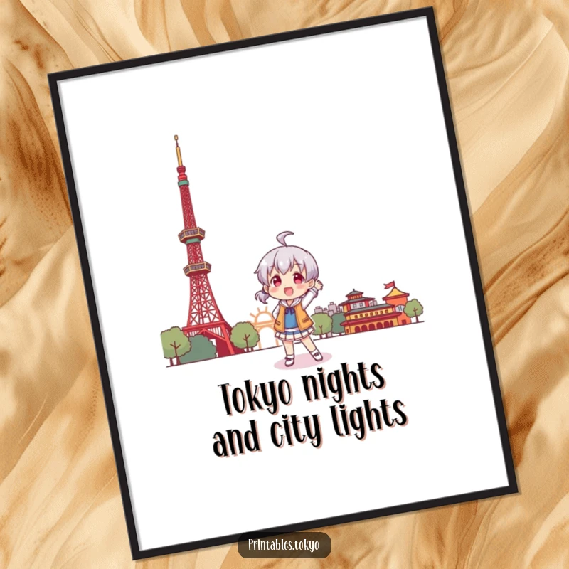 Funny Free Printable Wall Art: A character poses playfully in front of a stylized Tokyo Tower, capturing the excitement of the city.