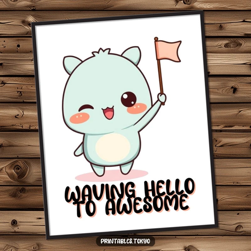 Funny Free Printable Wall Art: Energetic character joyfully waving a tiny, charming paper flag with a cute design.