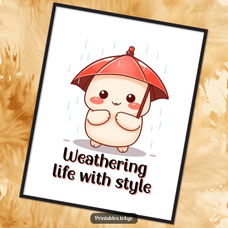 Funny Free Printable Wall Art: A cute dumpling character holding a tiny red umbrella peeks out from a heavy rain shower.