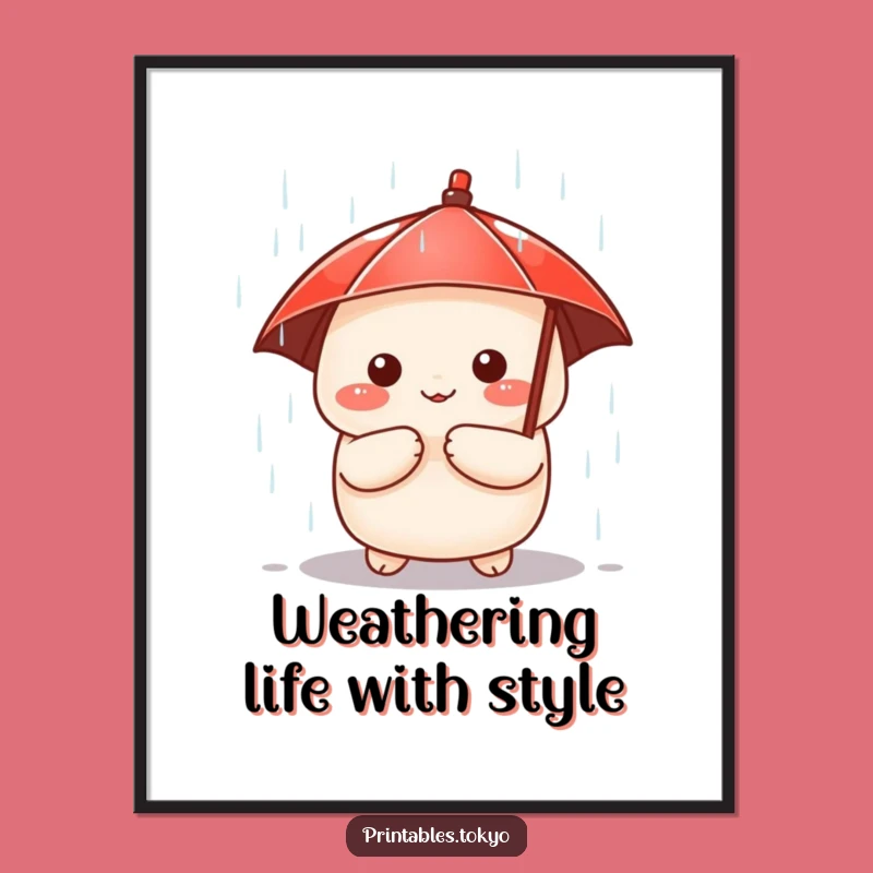 Funny Free Printable Wall Art: Dumpling Under Umbrella in Rain, Quirky Downloadable