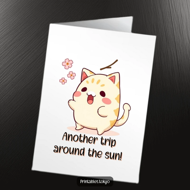 Funny Free Printable Birthday Card: A shocked taiyaki character with a wagging tail narrowly misses a falling cherry blossom.