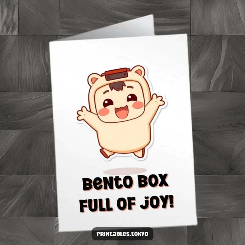 Funny Free Printable Birthday Card with a smiling character in a bento box accessory, joyfully jumping to celebrate.