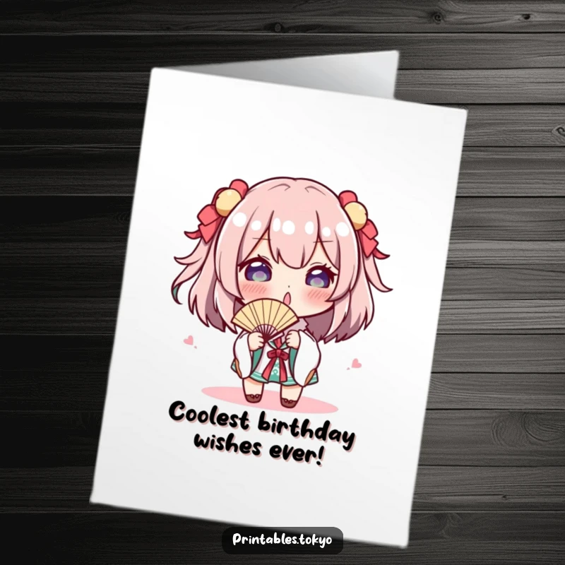 Funny Free Printable Birthday Card with a playful character gesturing with a tiny fan, embodying cool celebration vibes.