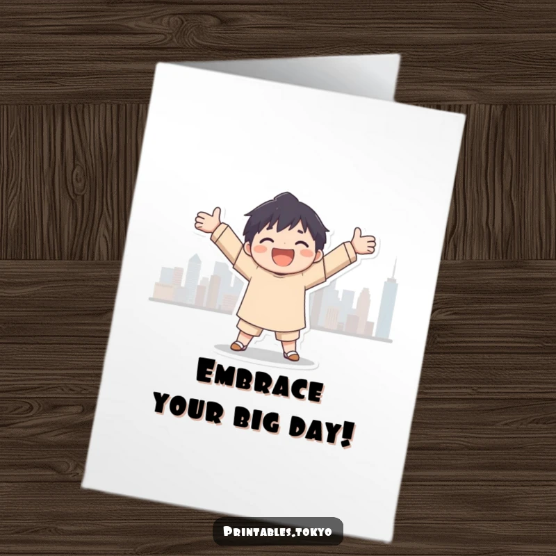 Funny Free Printable Birthday Card: Joyful character with open arms embracing a vibrant city skyline silhouette, celebrating big dreams.