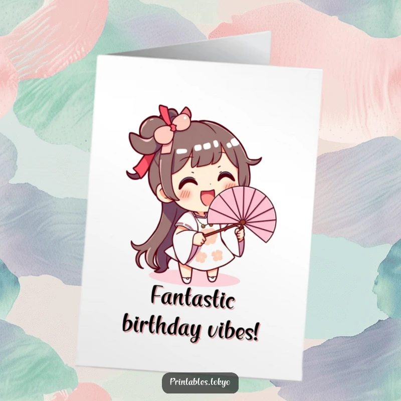 Funny Free Printable Birthday Card: a character excitedly waving an oversized fan with a huge smile, celebrating a birthday.