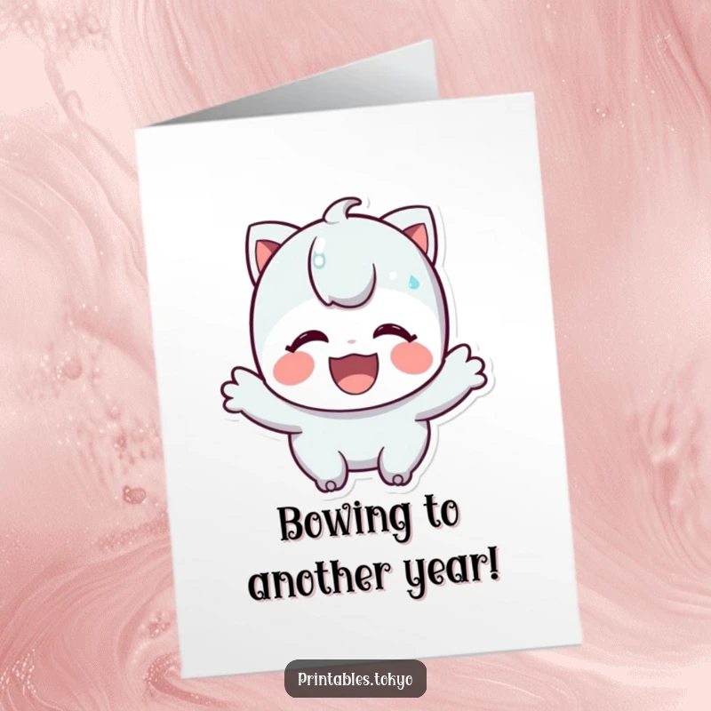 Funny Free Printable Birthday Card: Character with a wide grin, performing a cheerful and respectful bow to celebrate a birthday.