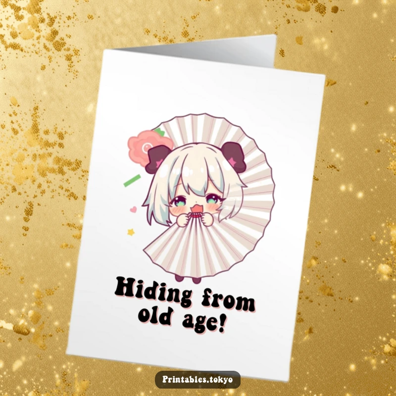 Funny Free Printable Birthday Card: Character playfully peeking from behind a large, colorful fan decoration, ready to pop out with birthday wishes.