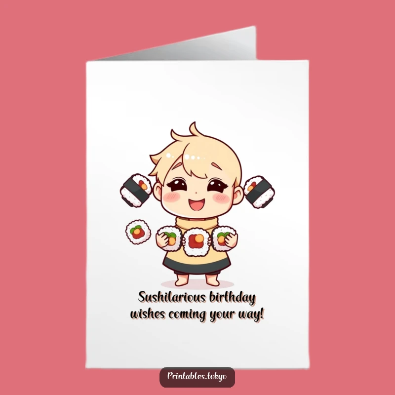 Free Printable Birthday Card: Funny Sushi Juggling Character Downloadable Gift