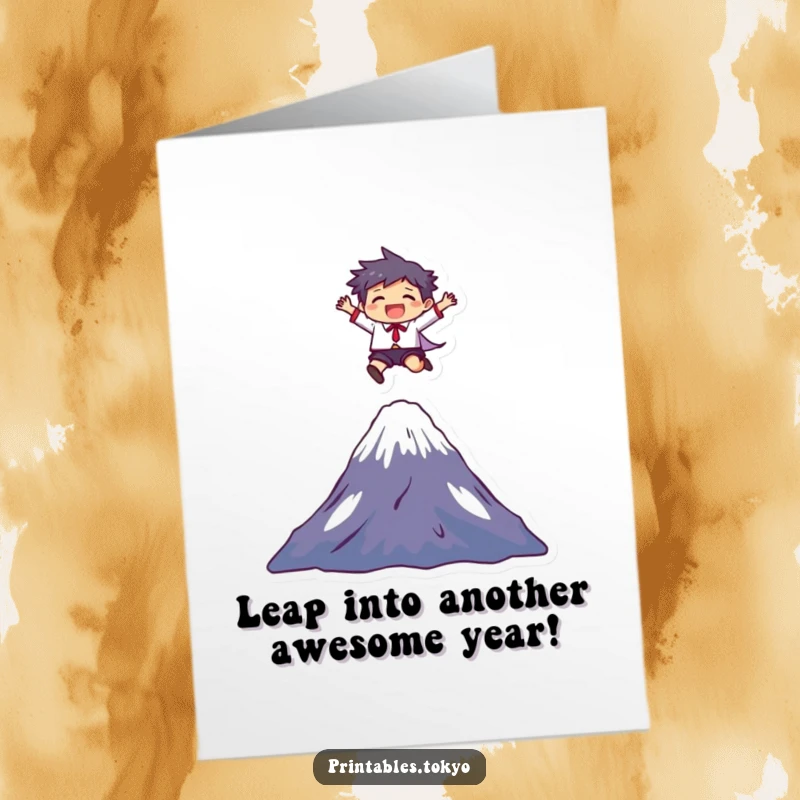 Funny free printable birthday card showing a character joyfully leaping over Mount Fuji, celebrating a special occasion.