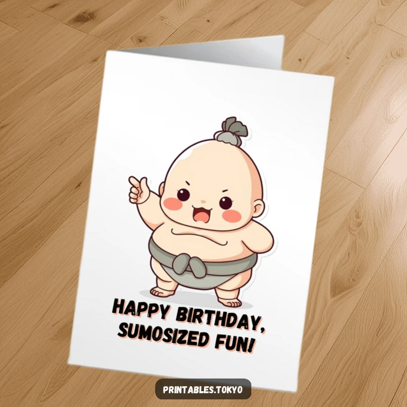 Funny Free Printable Birthday Card: Character dressed as a sumo wrestler, playfully pointing with a bold and celebratory gesture.