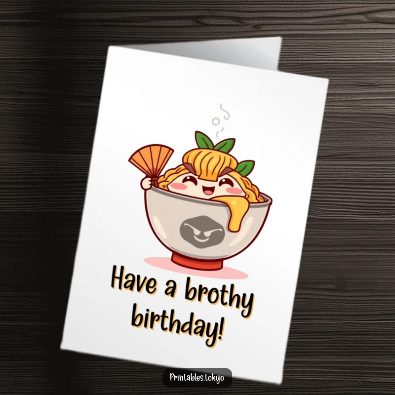 Funny Free Printable Birthday Card: Happy ramen bowl character with steam rising, waving a fan, celebrating.