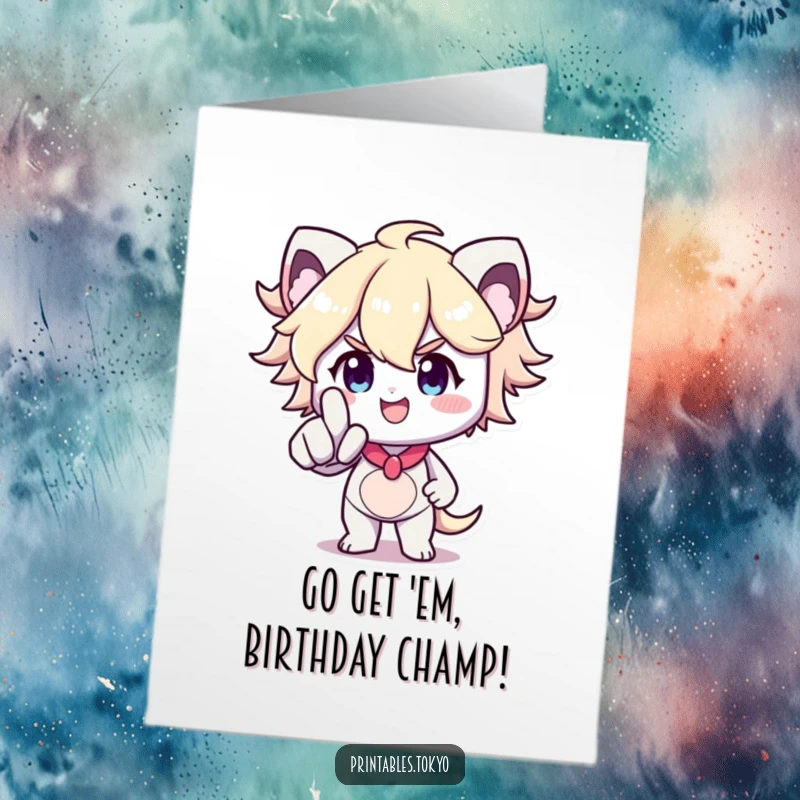 Funny Free Printable Birthday Card with a determined character smiling brightly and pointing forward, urging a fun celebration.