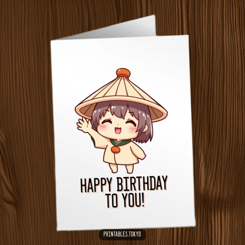 Funny Free Printable Birthday Card: Cute character in a traditional Japanese hat waves enthusiastically, sending happy birthday wishes.