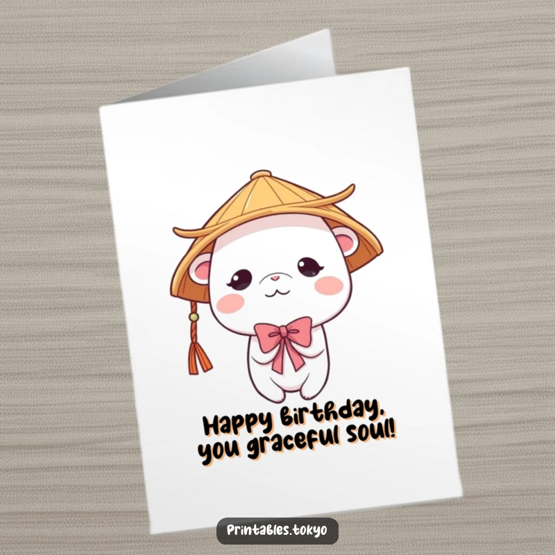 Funny Free Printable Birthday Card: Cute creature in a traditional Japanese hat bowing shyly with a sweet birthday wish.