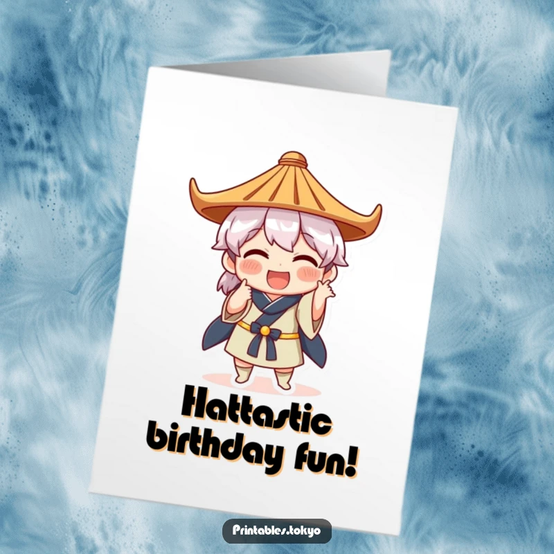Funny Free Printable Birthday Card: Character in a traditional Japanese hat striking a hilariously awkward pose.