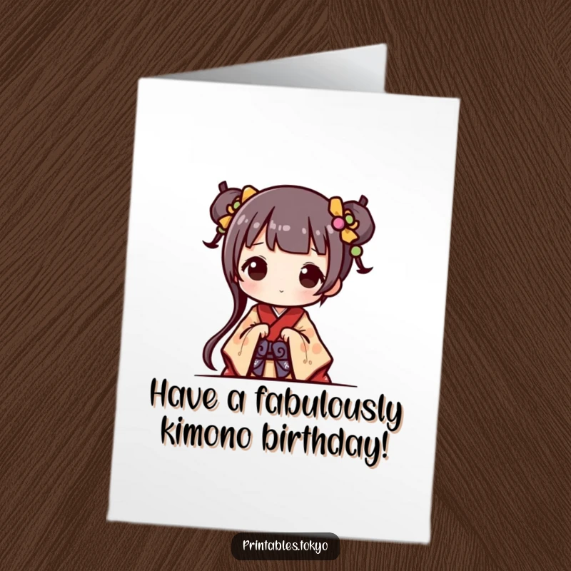 Funny Free Printable Birthday card of a cute character adorably peeking out while wearing a miniature, colorful kimono, ready to celebrate.