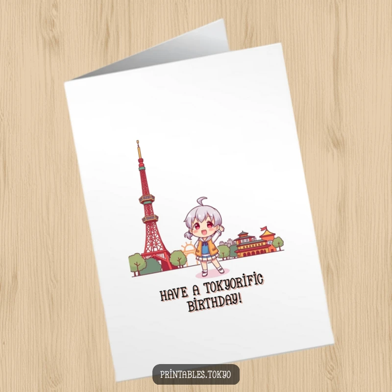 Funny Free Printable Birthday Card: A character cheerfully poses playfully before a stylized Tokyo Tower, ready for a birthday adventure.