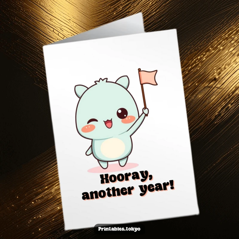 Funny Free Printable Birthday Card: Excited character waving a small, charming paper flag, sending birthday cheer.