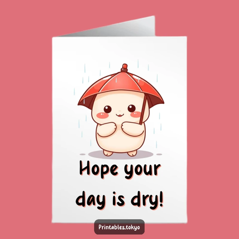 Free Printable Birthday Card: Dumpling Under Umbrella in Rain, Funny Downloadable Gift