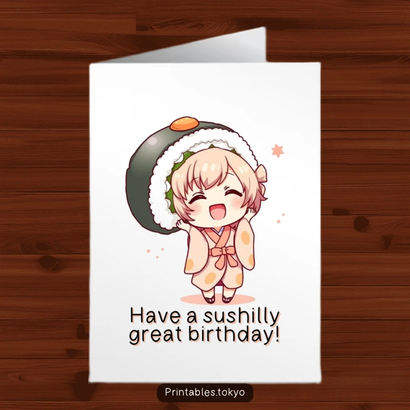 Funny Free Printable Birthday Card: Small character in a kimono joyfully holding a giant sushi roll, celebratory and festive, great for birthdays.