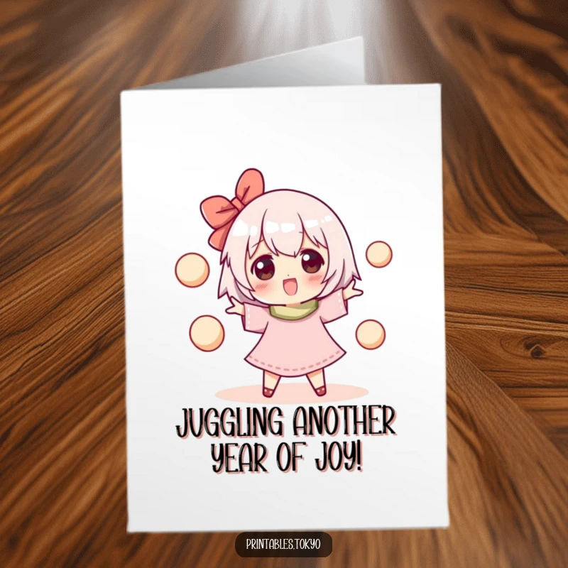 Funny free printable birthday card: A character happily juggles several round mochi balls, showcasing their delightful party trick.