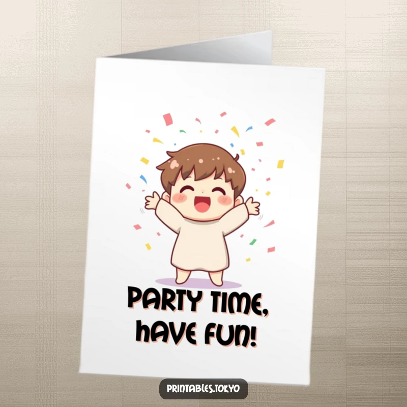 Funny Free Printable Birthday Card: Cheerful character exuberantly tossing colorful confetti, symbolizing a joyous celebration.