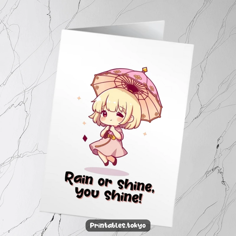 Funny Free Printable Birthday Card: Character joyfully bounces a miniature ornate umbrella, spreading cheer. Perfect DIY downloadable gift.