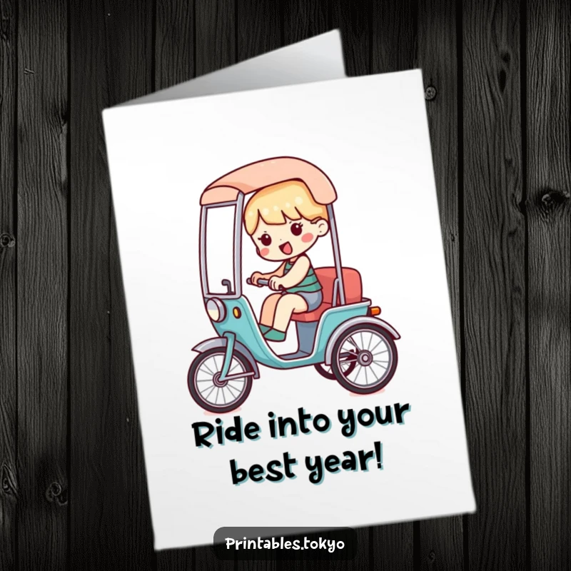 Funny Free Printable Birthday Card: Character joyfully riding in a miniature, stylized rickshaw, embarking on a celebratory journey.