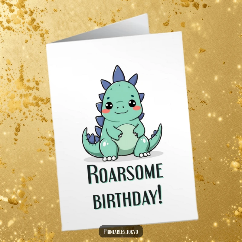 Funny Free Printable Birthday card where a character makes a silly face to surprise a small, cartoonish Godzilla, a playful encounter.