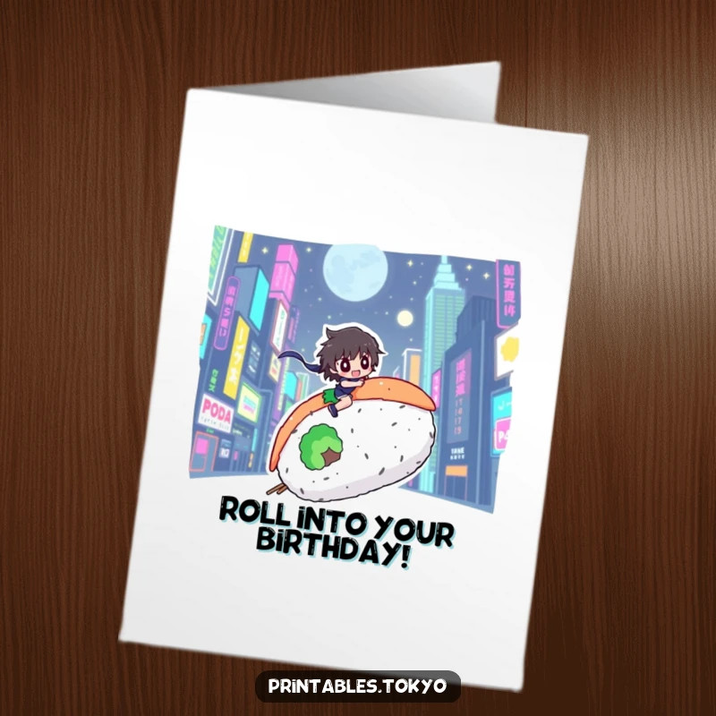 Funny Free Printable Birthday Card: a character riding a giant sushi roll through a neon city, celebrating a birthday.