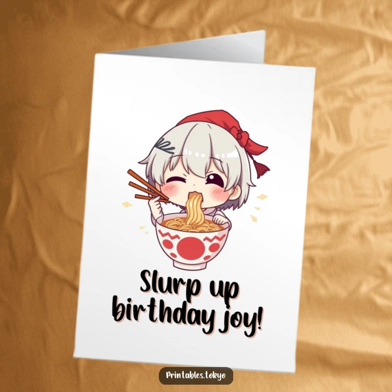 Funny free printable birthday card featuring a character ecstatically eating ramen with chopsticks held triumphantly high, showing pure noodle joy.