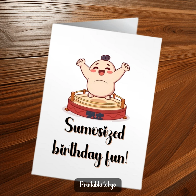 Funny Free Printable Birthday card featuring a character cheerfully bouncing energetically on a tiny, stylized sumo ring, full of joy.